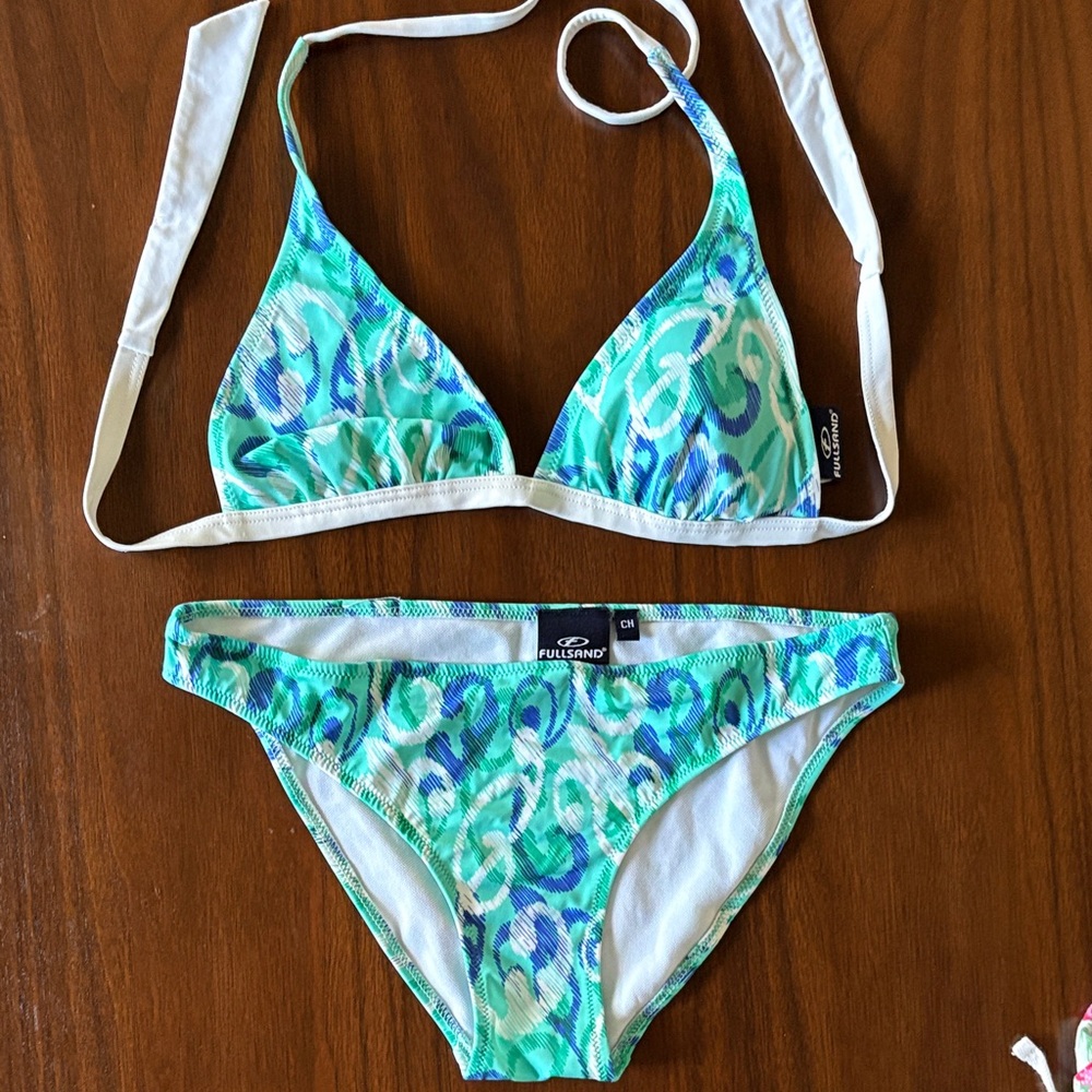 Aqua & Blue Print Triangle Bikini Set